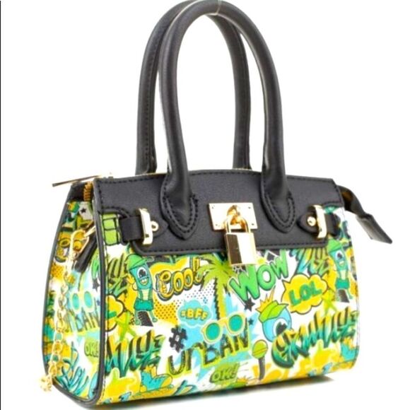 Graffiti Print Lock Design Mini-tote Crossbody Bag - Picture 2 of 4
